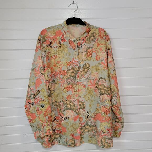 Go Silk Womens Long Sleeve Button Up Shirt Dreamy Pastel Floral Plus Size 2X Top - Picture 1 of 6